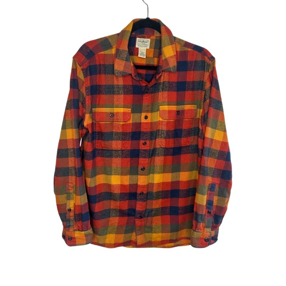 LL Bean Mens Organic Cotton Flannel Shirt Slightly Fitted Plaid Red Orange M-REG